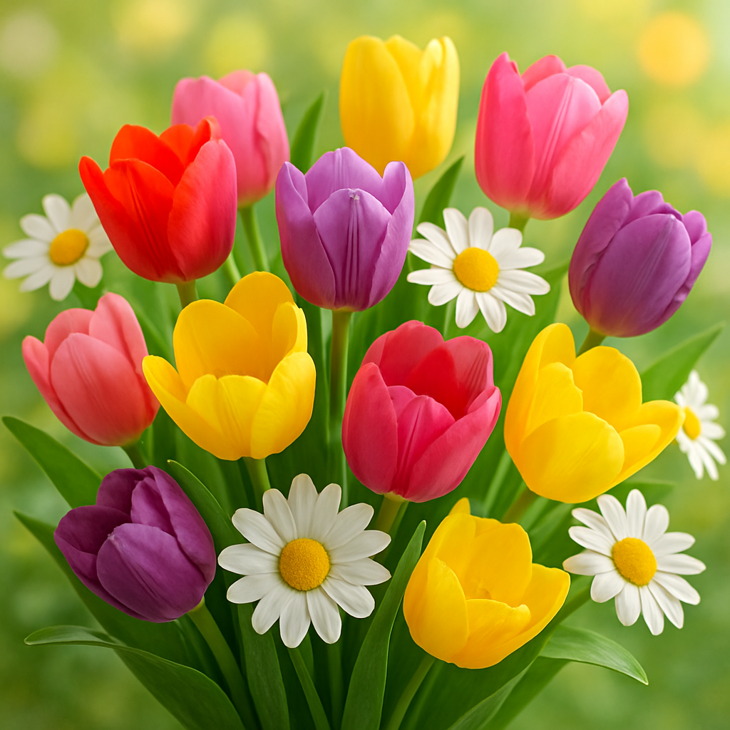 Spring bouquet with tulips and daisies